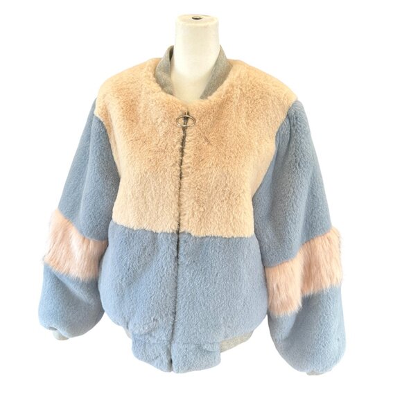 SHACI Colorblock Faux Fur Bomber Jacket in Blue & Blush – Size M - Picture 6 of 9